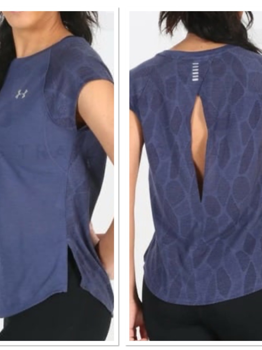Under Armour Tee Running Navy Short-Sleeve Back Cutout Top Size Small/Medium